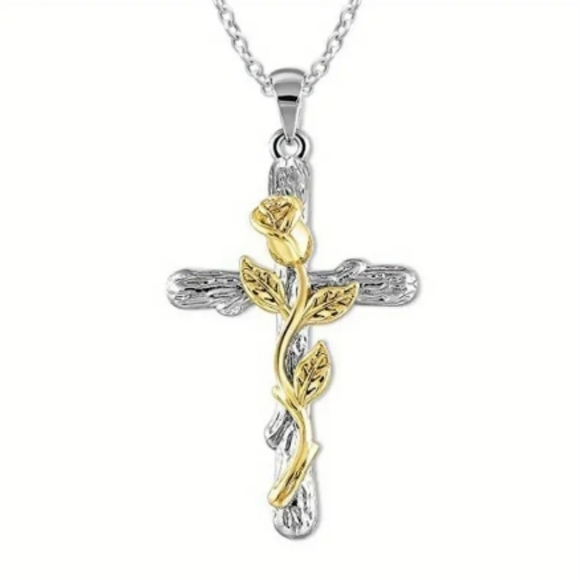 Rose Cross Necklace Gold Tone - Picture 4 of 4